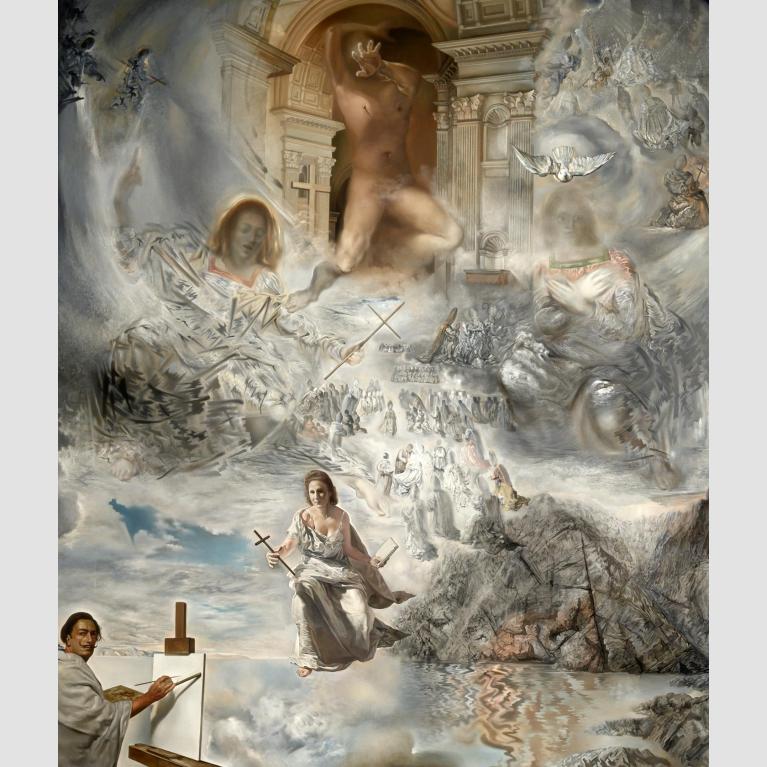 Many figures—humans and animals—wear white garments and swirl in the sky above a mountain and lake, including the artist Dalí himself who paints at a blank easel. 