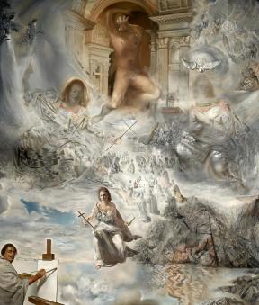 Many figures—humans and animals—wear white garments and swirl in the sky above a mountain and lake, including the artist Dalí himself who paints at a blank easel. 