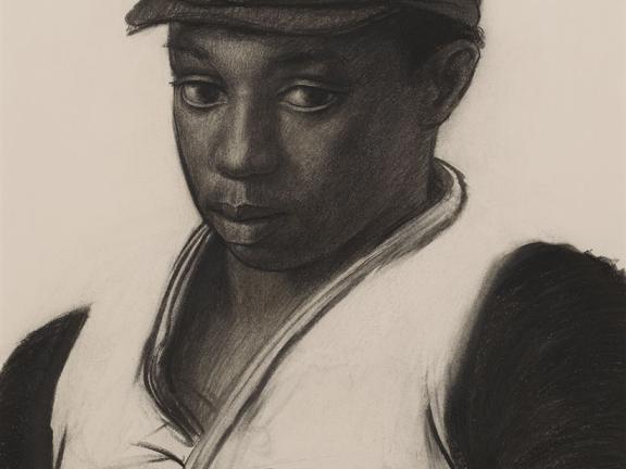 A drawing depicting a black man wearing a hat