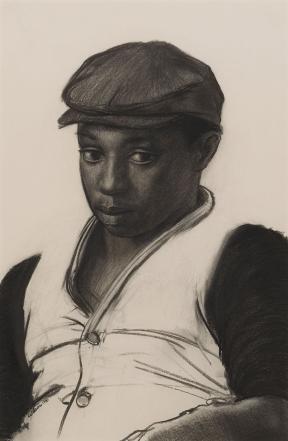 A drawing depicting a black man wearing a hat