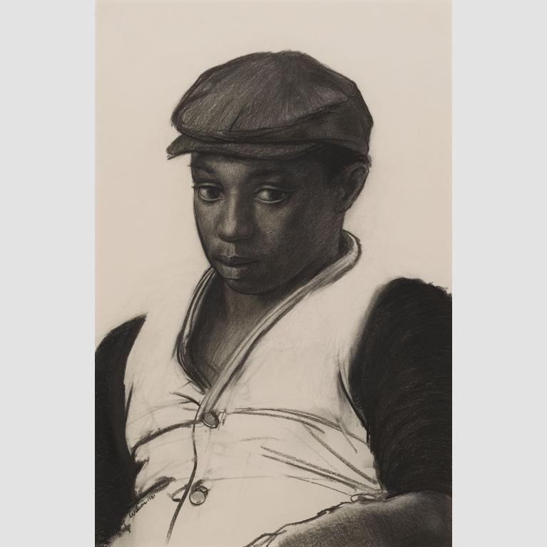 A drawing depicting a black man wearing a hat