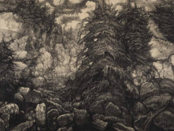 Hyman Bloom, Landscape #12, 1963, charcoal on cream paper