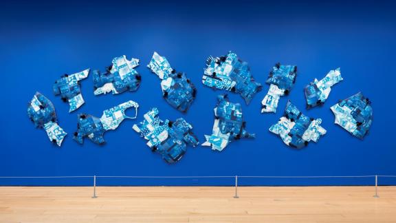 A blue wall with cyanotypes of various shapes and depicting various images--faces and flowers among them.