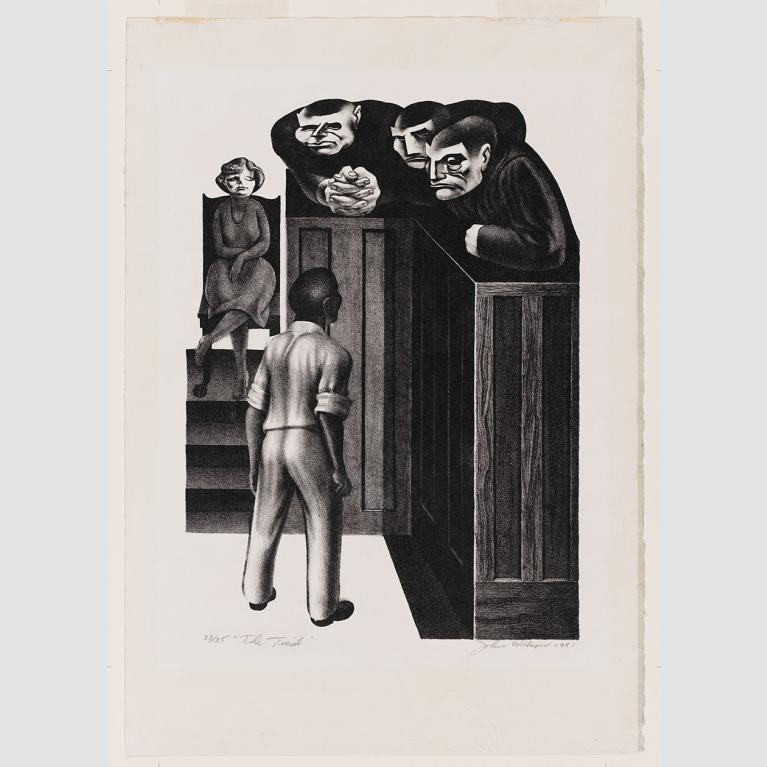 Depicting a young black man awaiting a judgement from three looming white judges 