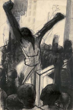 Man with his arms stretched out surrounded by a crowd of people 