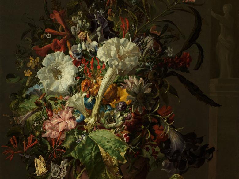 Painting depicting arrangement of flowers with white lilies prominently in the center and yellow butterfly hovering nearby