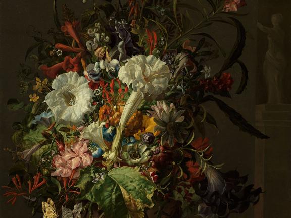 Painting depicting arrangement of flowers with white lilies prominently in the center and yellow butterfly hovering nearby