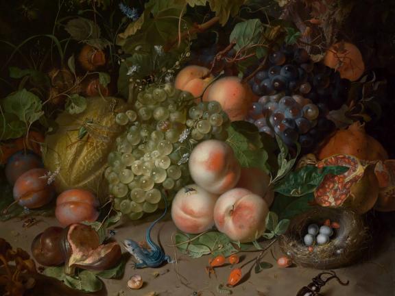 Against a dark background, a table of tropical fruit, flowers, and insects are arranged in an ornate display.