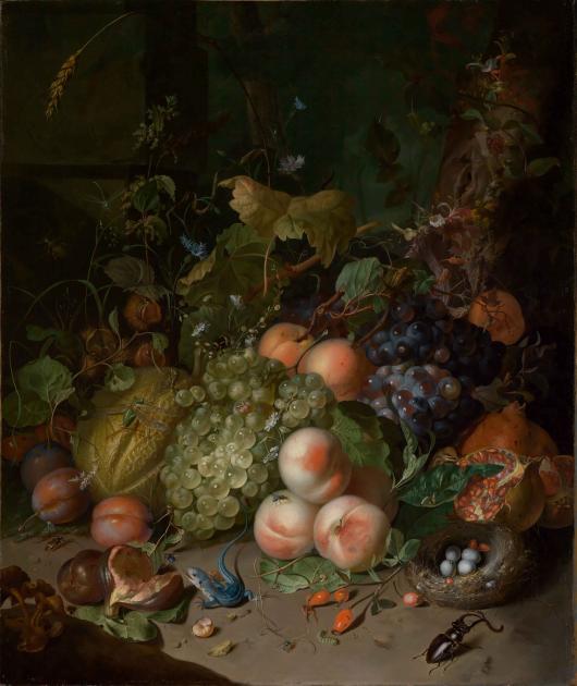 Against a dark background, a table of tropical fruit, flowers, and insects are arranged in an ornate display.
