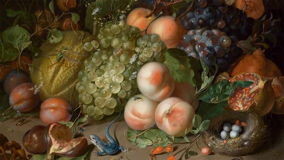 Against a dark background, a table of tropical fruit, flowers, and insects are arranged in an ornate display.