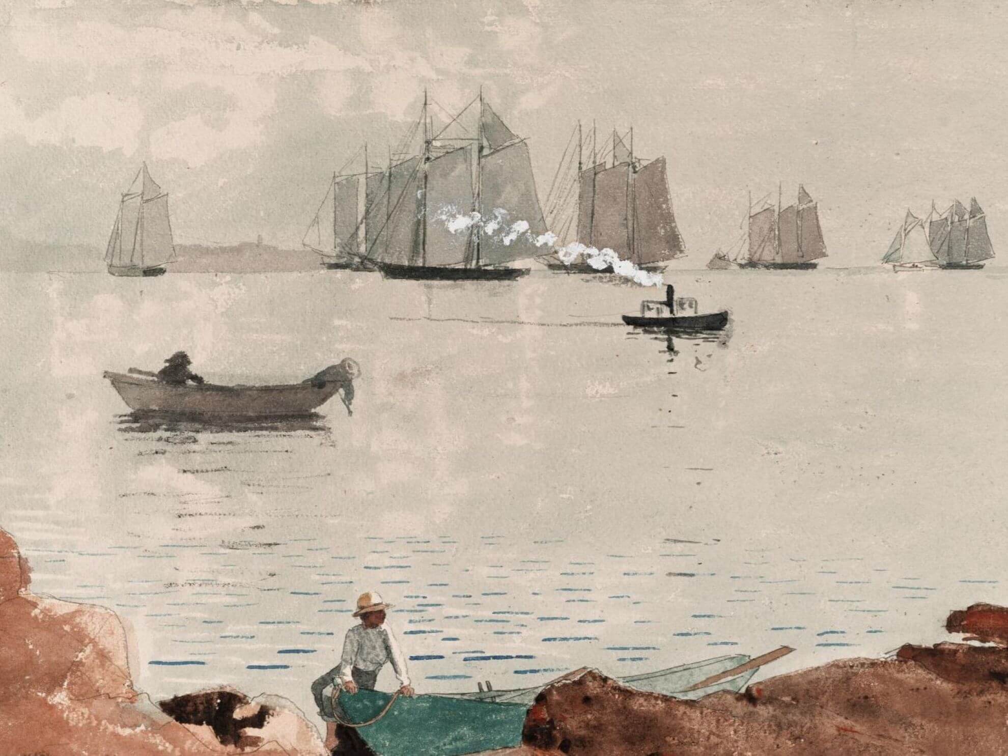 Beyond a boy sitting on a red rocky cliff, schooners sail into a calm harbor.