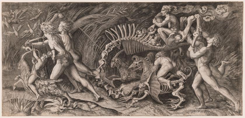 Nude figures in a field shepherd and ride an elaborate structure made out of bones.