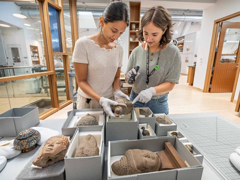 MFA Pathways interns handle Asian stonework objects 