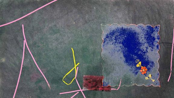 Abstract artwork with pink and yellow lines interacting with blue smudges against a gray background.