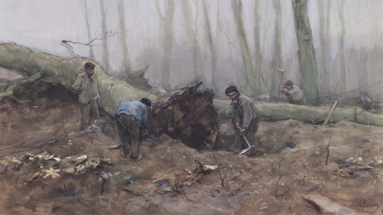 Painting depicting four men in a grey forest digging up a fallen tree