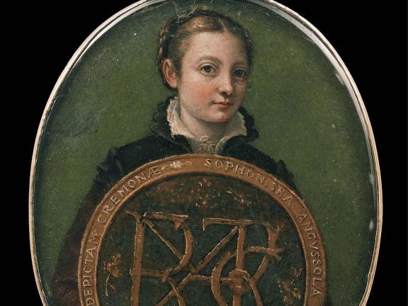An oval painting on parchment, framed by silver, of the artist Sofonisba Anguissola holding a large shield.