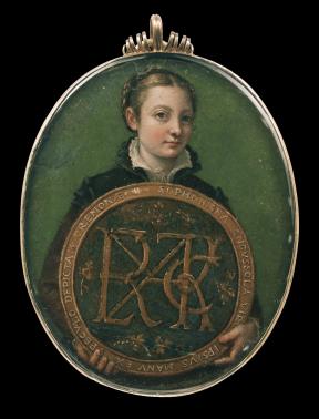 An oval painting on parchment, framed by silver, of the artist Sofonisba Anguissola holding a large shield.