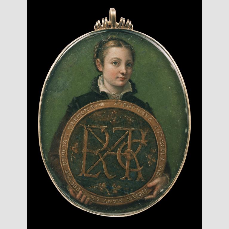 An oval painting on parchment, framed by silver, of the artist Sofonisba Anguissola holding a large shield.