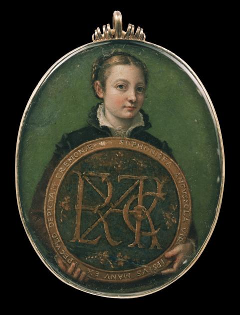 An oval painting on parchment, framed by silver, of the artist Sofonisba Anguissola holding a large shield.