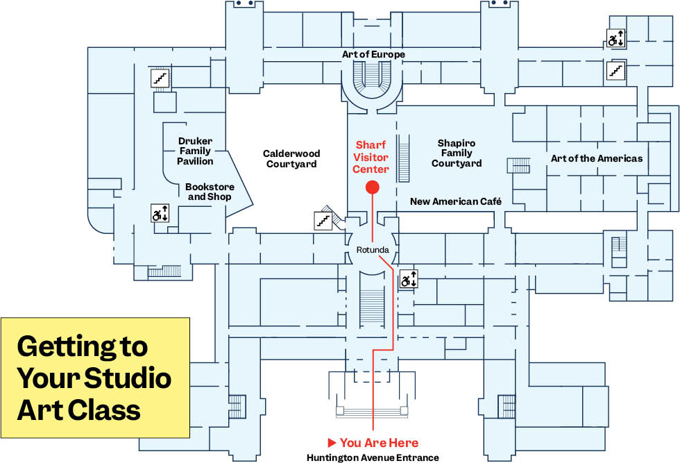 map showing route from Huntington Avenue entrance to Sharf Visitor Center