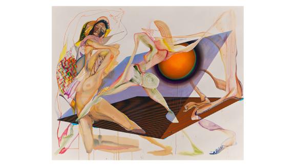 Abstract landscape with abstracted figures in purple, yellow, and orange