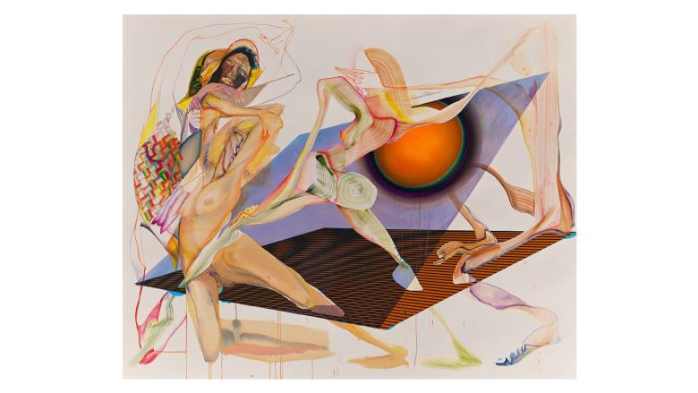 Abstract landscape with abstracted figures in purple, yellow, and orange