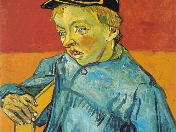 Portrait of Camille Roulin in a blue shirt, black hat 