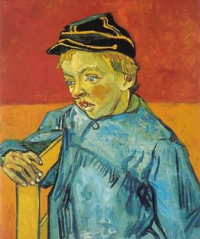 Portrait of Camille Roulin in a blue shirt, black hat 