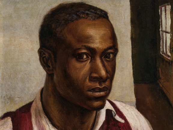 A portrait of a man in a white collared shirt and red sweater vest staring directly ahead.